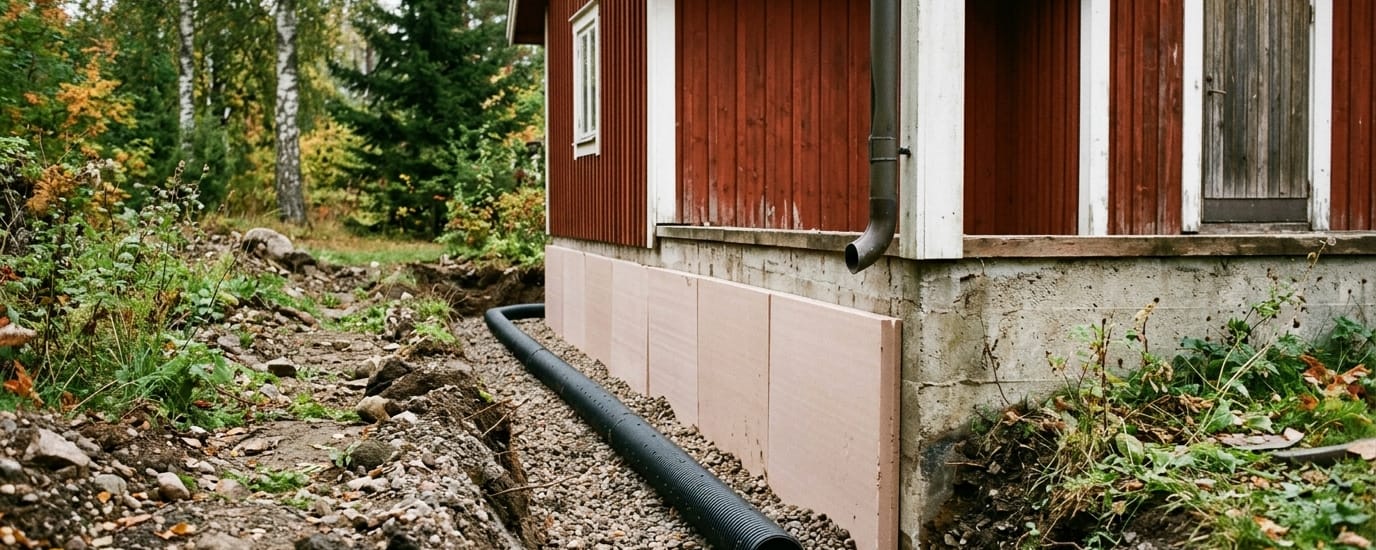 Uppgrävt schakt längs husgrunden med dräneringsrör, makadam och isolerskivor