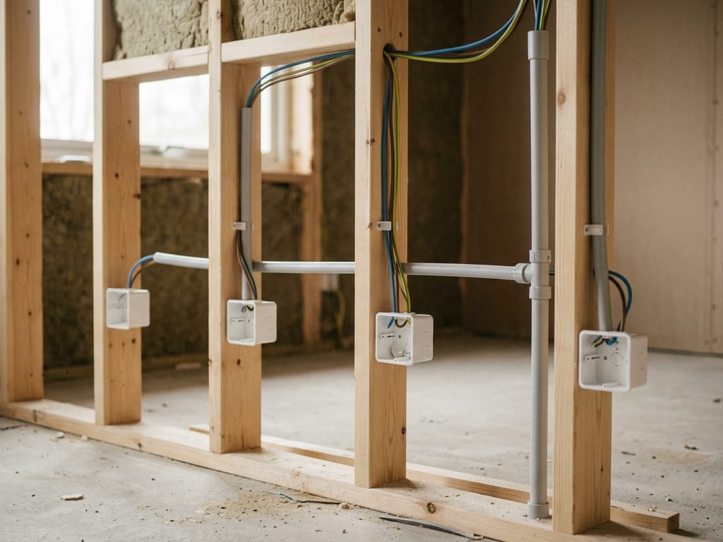 Ny elinstallation med kopplingsdosor och kabelrör i en öppen regelvägg