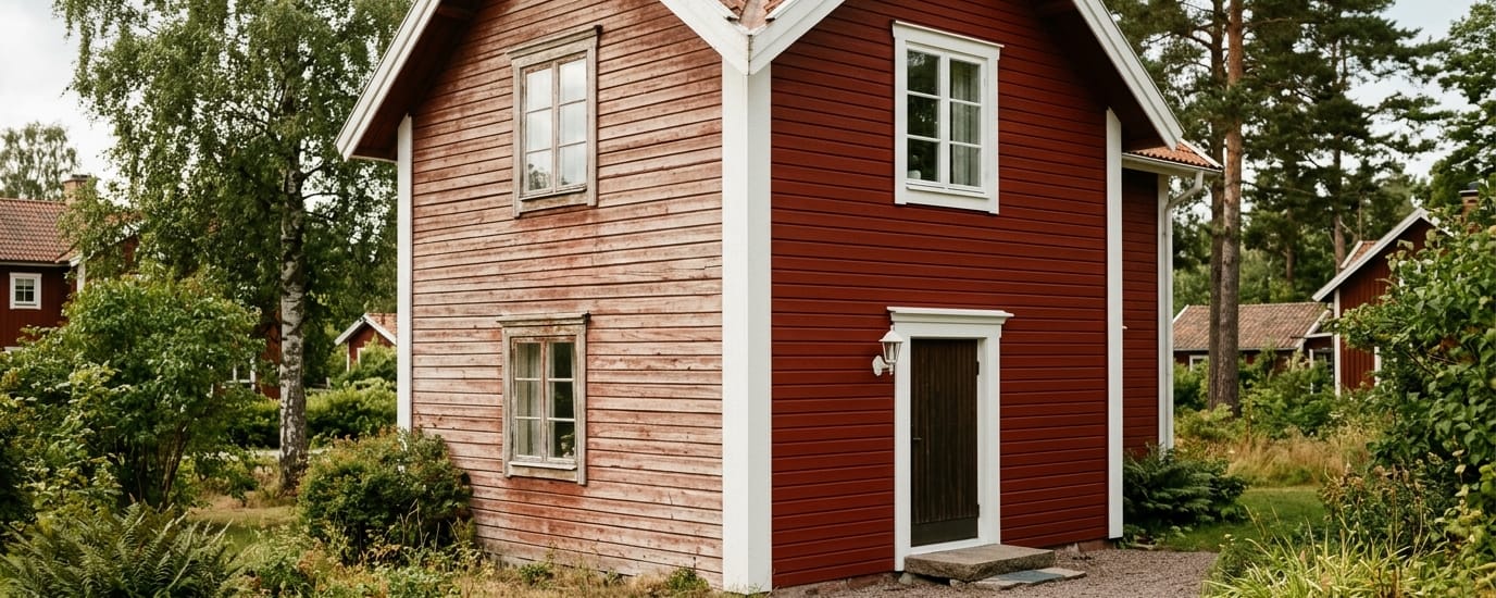 Faluröd träfasad där blekt äldre färg möter en nymålad sida