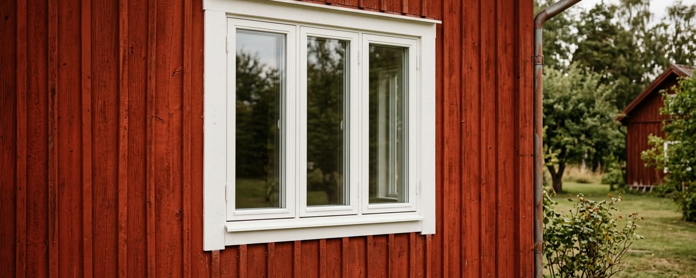Nytt vitmålat träfönster med tre lufter i en faluröd träfasad