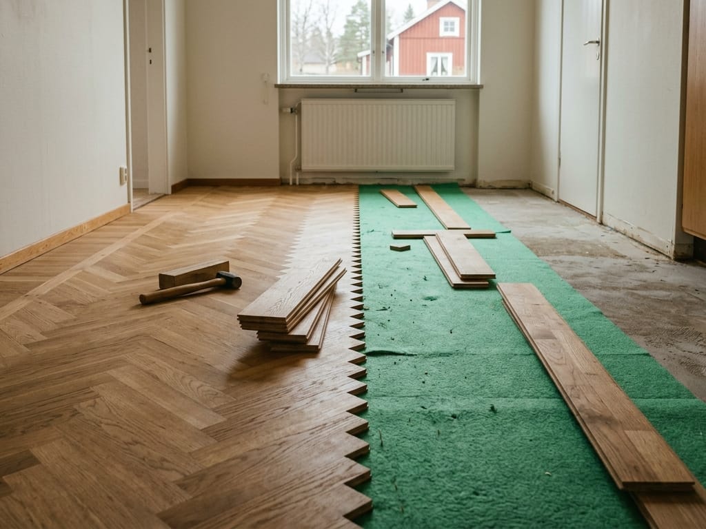 Ekparkett i fiskbensmönster under läggning på grönt underlag