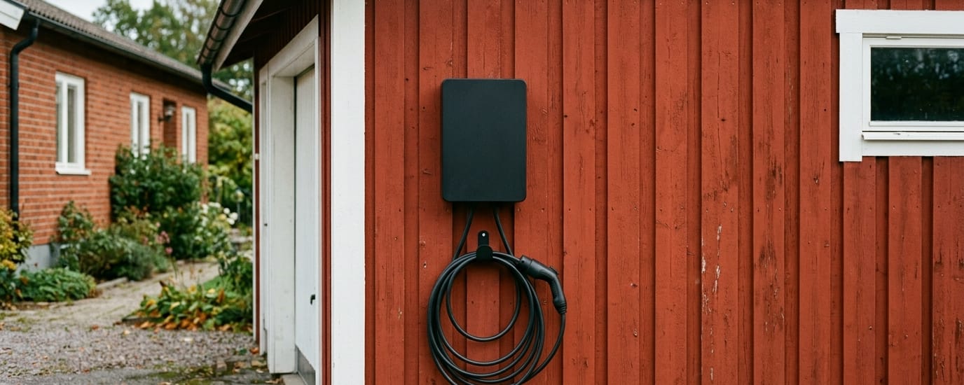 Laddbox med upphängd laddkabel på en faluröd garagevägg