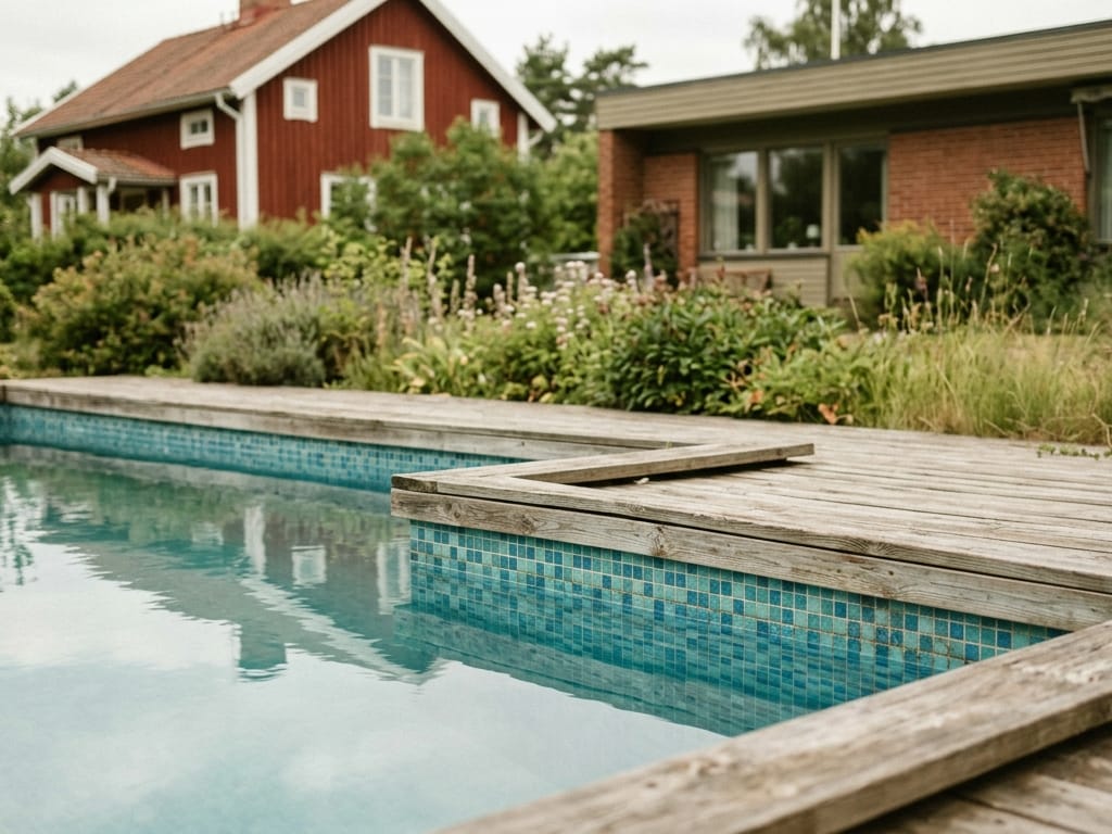 Nedgrävd pool med mosaikkant och trädäck i en villaträdgård