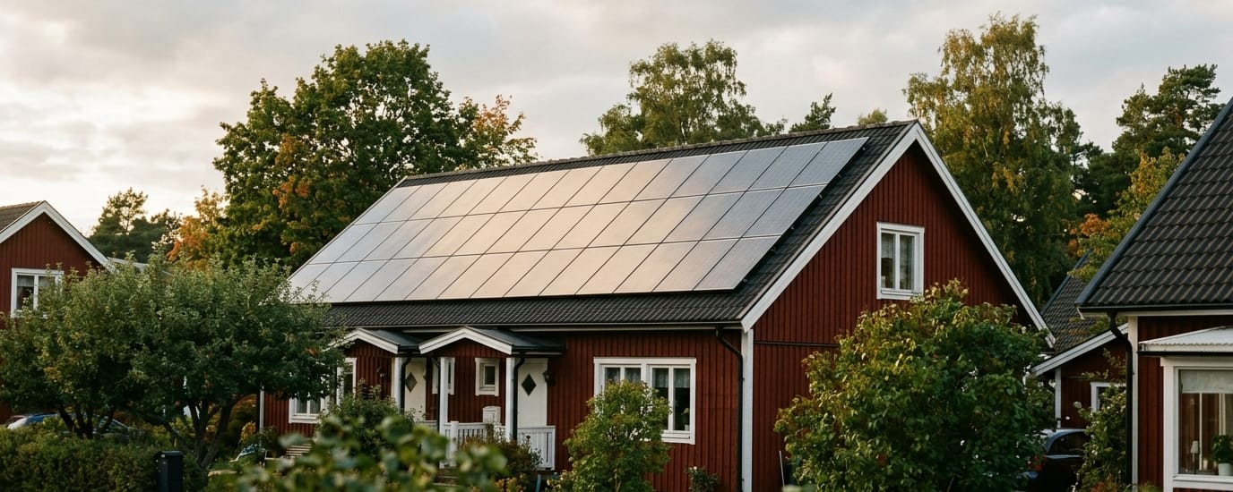 Solpaneler över hela takfallet på en faluröd villa i kvällsljus