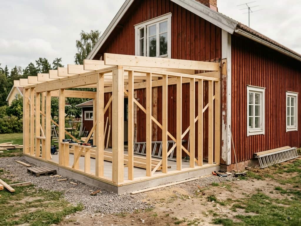 Regelstomme för en tillbyggnad mot en faluröd villa