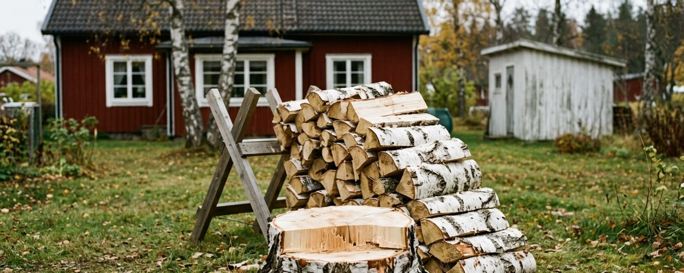 Kapade björkstockar staplade i en trädgård framför en faluröd villa