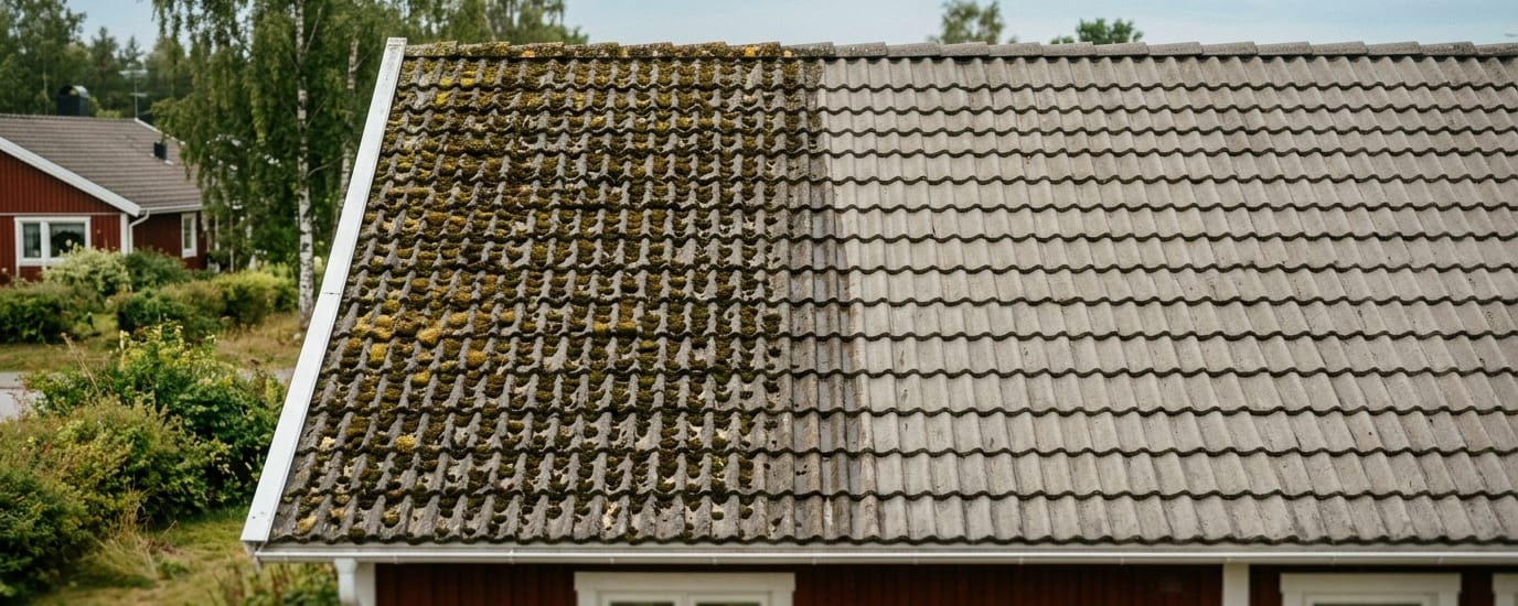 Villatak där ena halvan är rengjord från mossa och den andra inte ännu